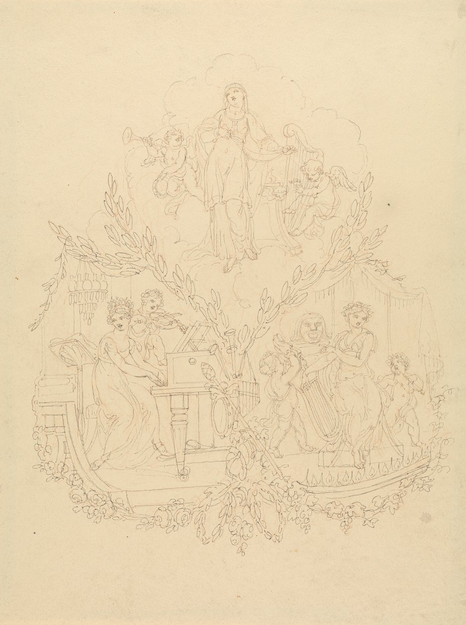 Vrouwelijke figuren en putti die muziekinstrumenten bespelen door Edward Francis Burney