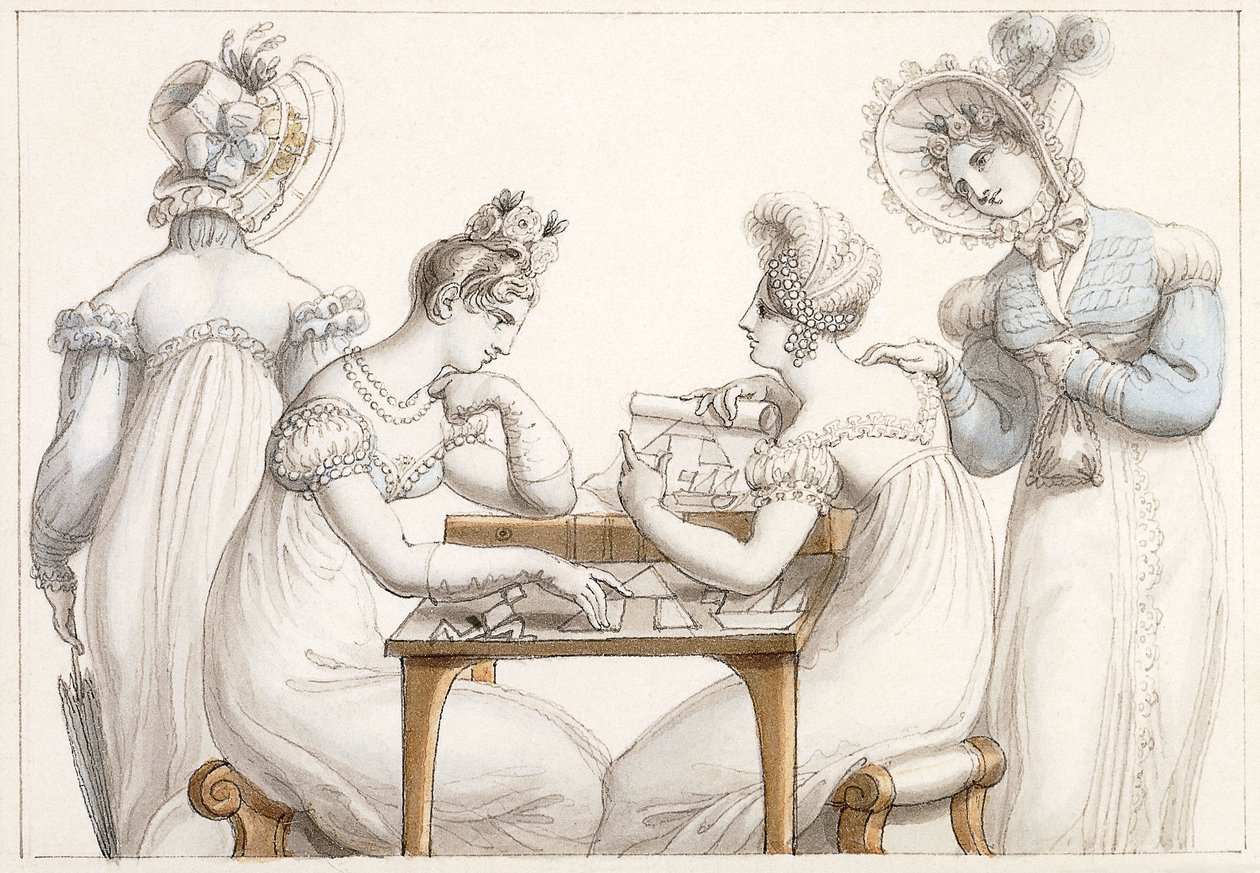 Dames die silhouetten uitsnijden: en dames die converseren in een interieur door Edward Francis Burney