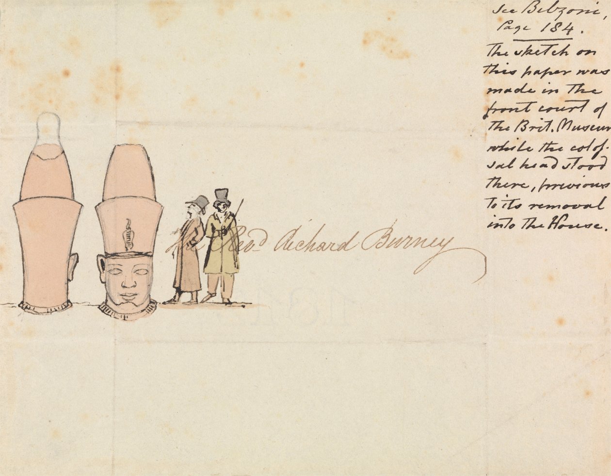Brief aan ds. Richard Burney met tekening van kolossaal hoofd uit de binnenplaats van het British Museum door Edward Francis Burney