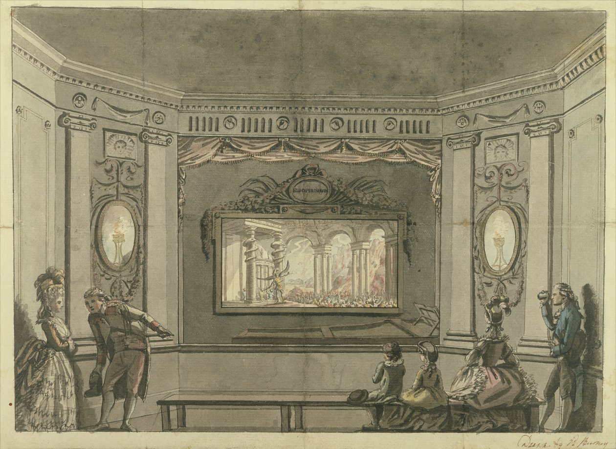 Schilderij van de Loutherbourgs Eido Phusikon met Satan die de rebellerende engelen opwekt door Edward Francis Burney