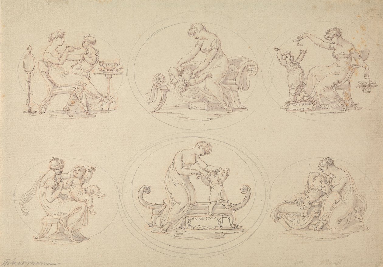 Zes studies van moeder en dochter die spelen door Edward Francis Burney