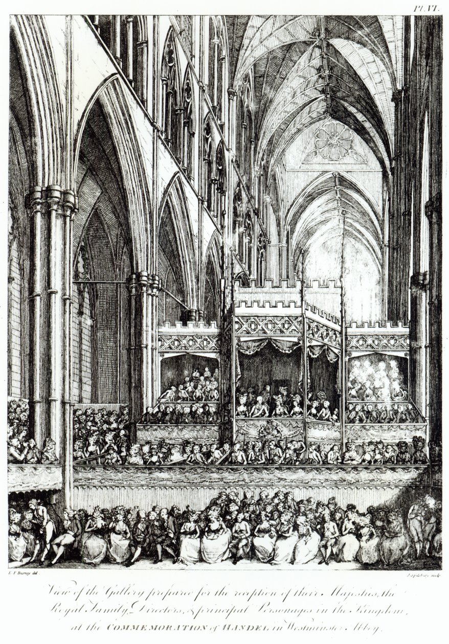 Uitzicht op de galerij voorbereid voor de ontvangst van hun Majesteiten de Koninklijke Familie, Directeuren en voorname personen in het Koninkrijk bij de herdenking van Handel in Westminster Abbey, gegraveerd door Joh door Edward Francis Burney