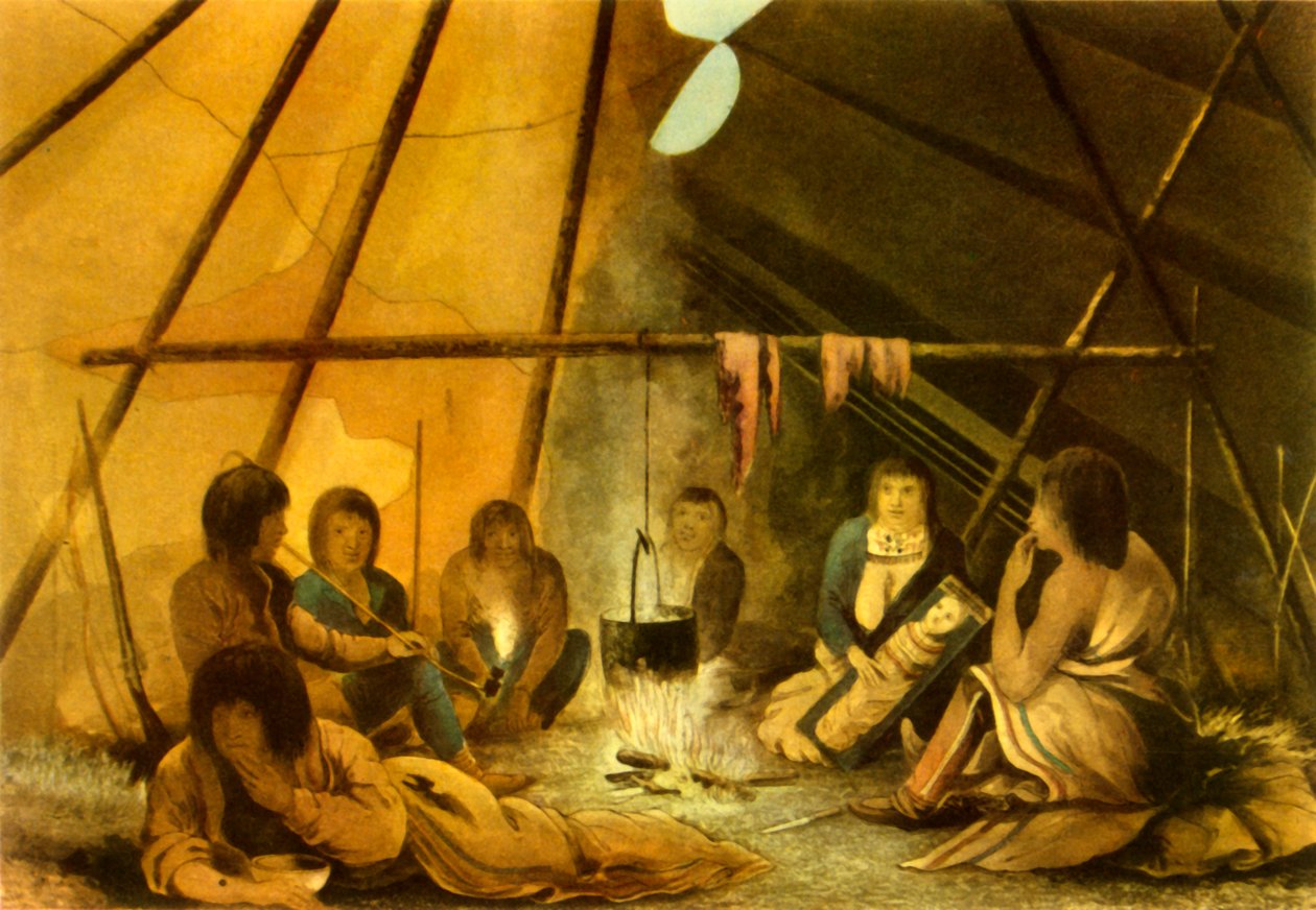 Interieur van een Cree Indianen Tent door Edward Francis Finden