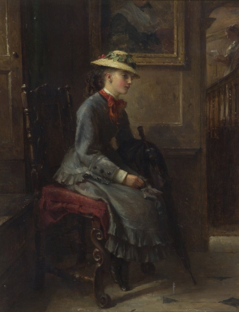 Interieur met wachtend meisje (olieverf op doek) door Edward Hughes
