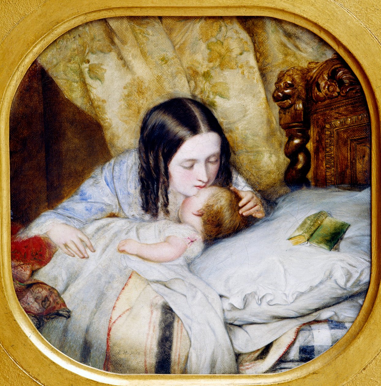 De nachtzoen, een moeder kust haar baby die net in slaap is gevallen door Edward Hughes