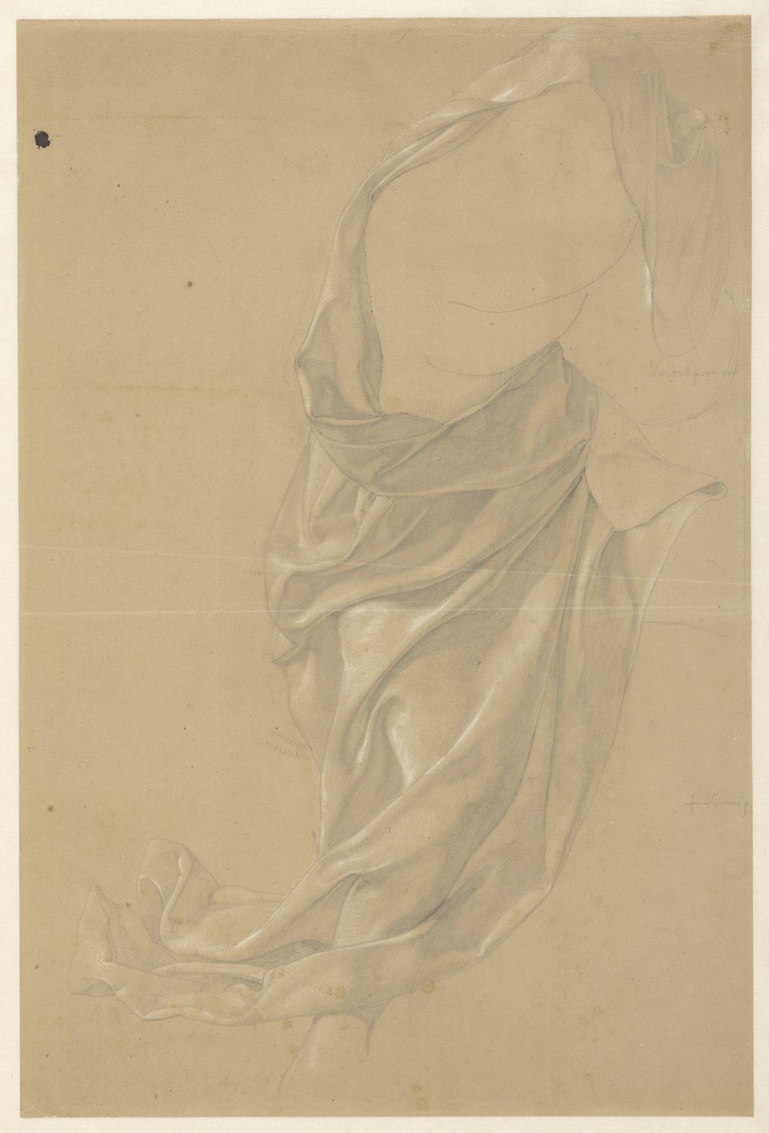 Draperiestudie van een naar rechts schrijdende figuur, de mantel over het hoofd geslagen door Edward Jakob von Steinle