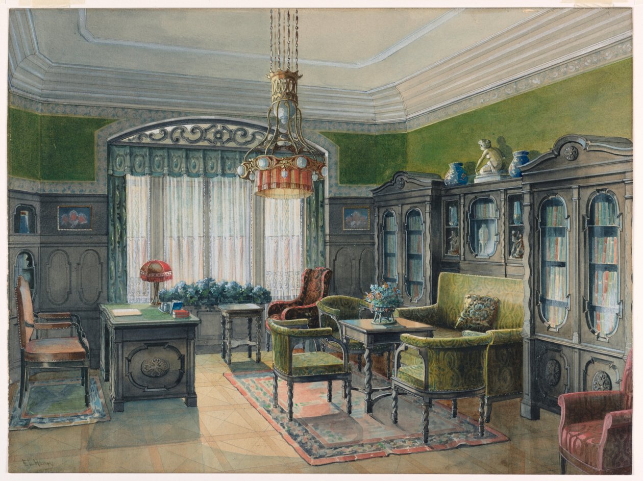 Tekening, Bibliotheek of kantoor interieur, ca. 1915 door Edward Lamson Henry