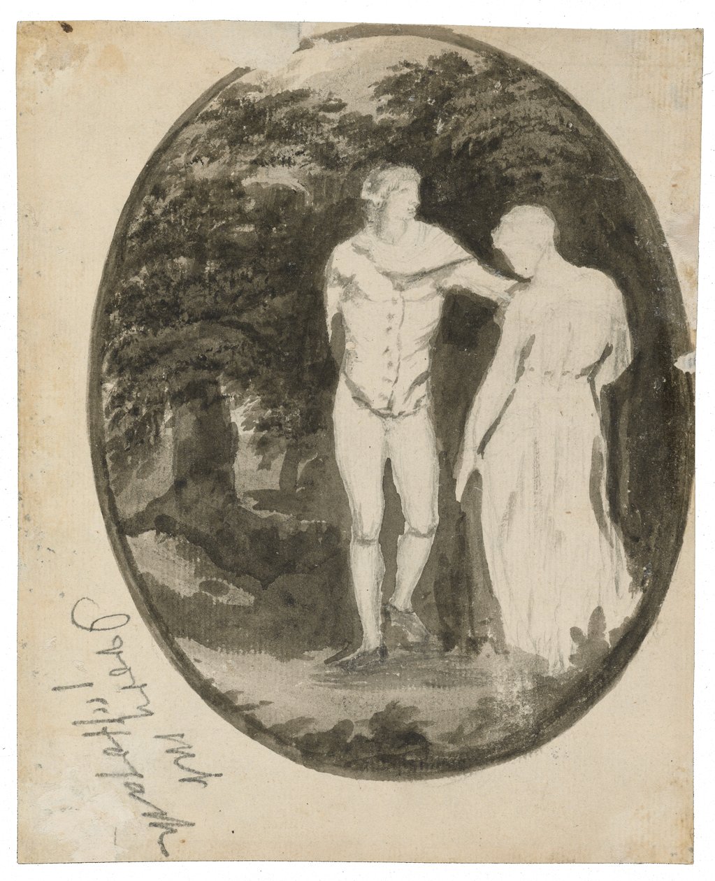 Een paar in een bosrijk landschap in een ovaal door Edward Lear