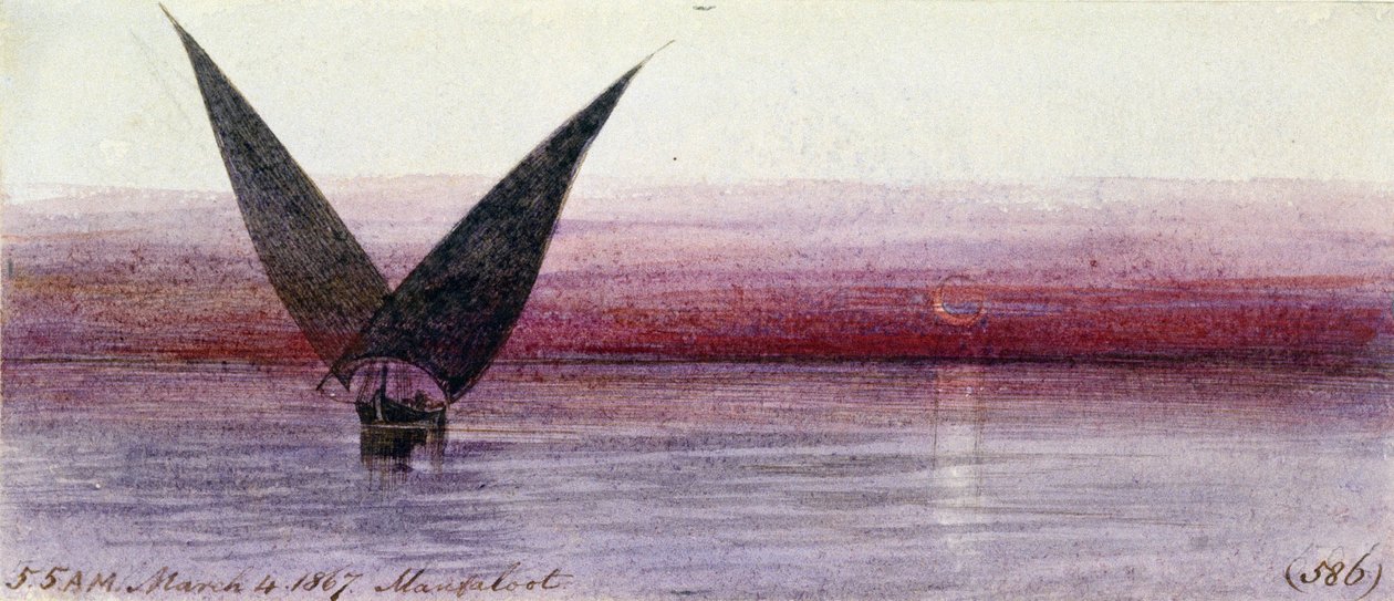Een Egyptische boot op de Nijl, in Manfaloot (Egypte) door Edward Lear