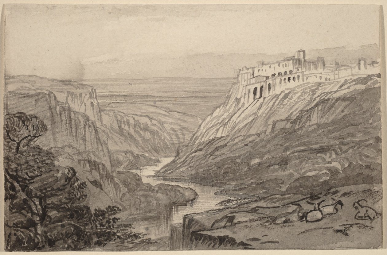 Geiten die uitrusten boven een rivierkloof (Narni, Italië) door Edward Lear