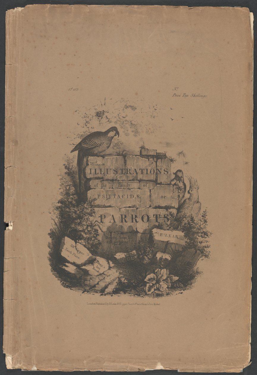 Illustraties van de familie Psittacidae, oftewel papegaaien, deel 1: folio-omslag, titelpagina, opdrachtspagina, abonneepagina door Edward Lear
