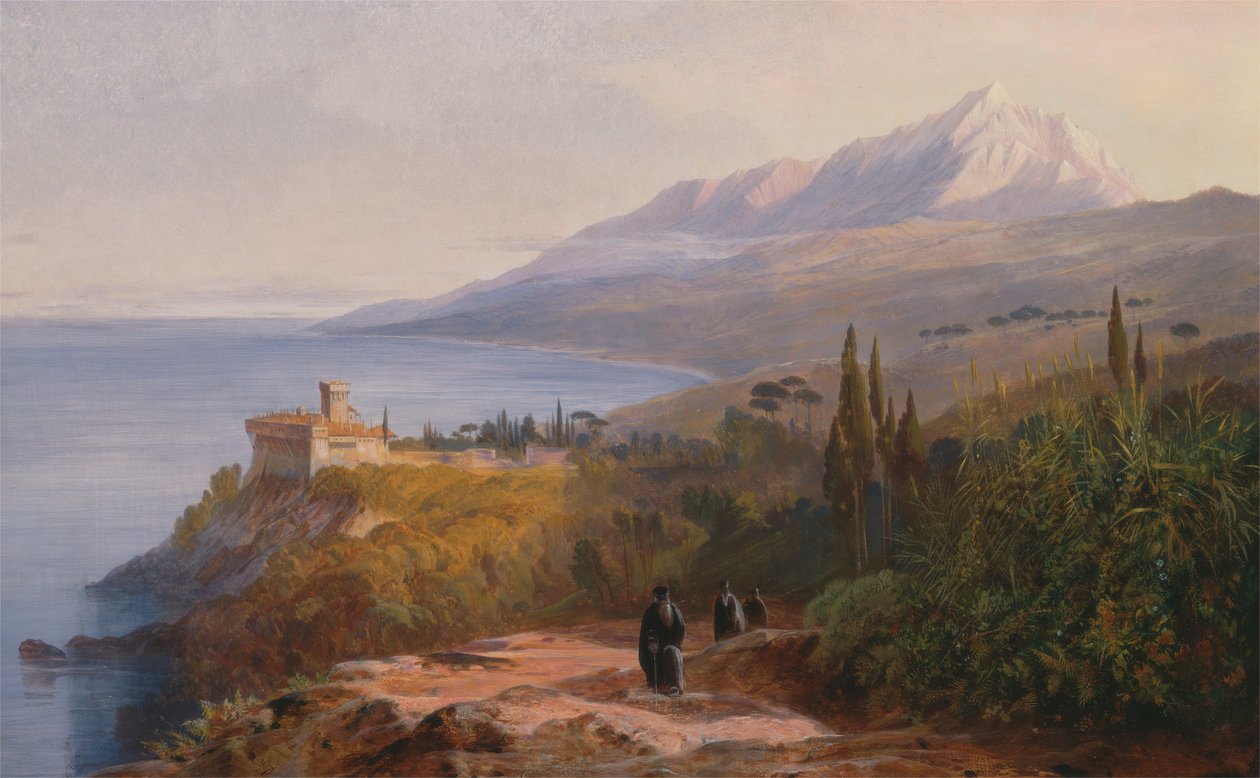 Berg Athos en het klooster van Stavroniketes, 1857 door Edward Lear