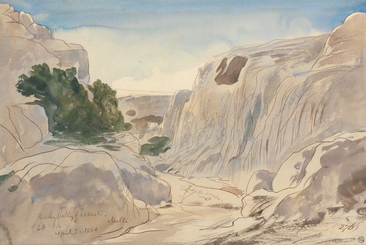 Rotsachtige Vallei van Mosta, Malta, 14:15 uur (3 april 1866) door Edward Lear