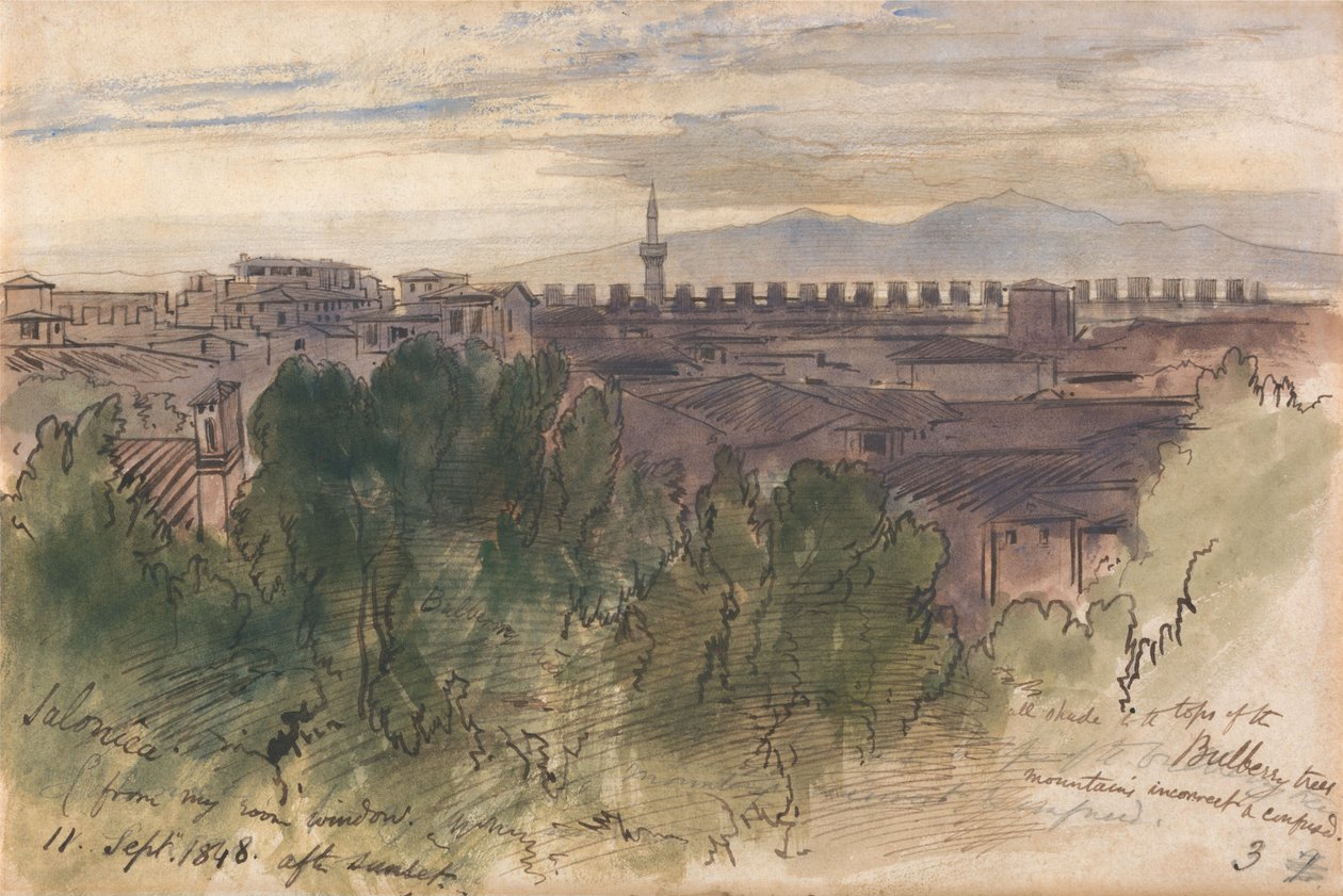 Thessaloniki, gezien vanuit het raam van mijn kamer, 11 september 1848, na zonsondergang door Edward Lear