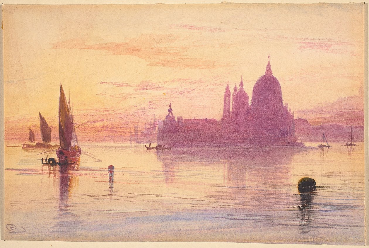 Santa Maria della Salute, Venetië, bij zonsondergang, 1865-1884 door Edward Lear