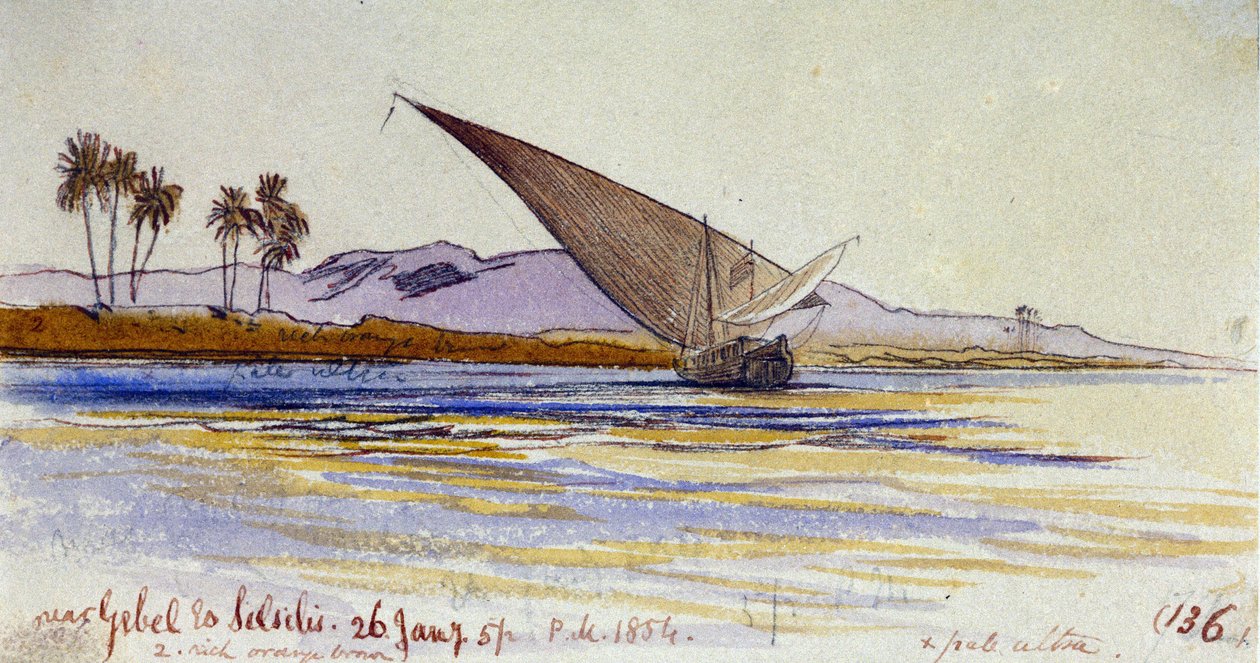 De oevers van de Nijl (Egypte), met palmbomen en gyassi tegenover de oever, nabij Gebel el Silsileh door Edward Lear