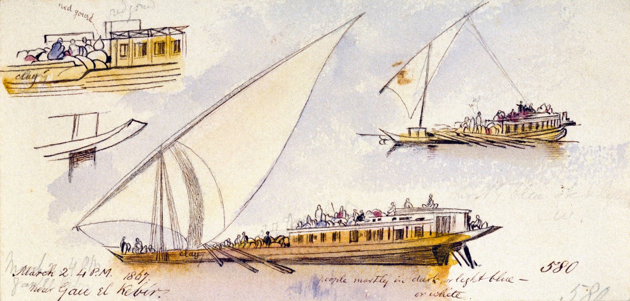 Drie studies van een Egyptische boot, met passagiers, nabij Gau el Kebir (Egypte), met annotaties over de kleding van de afgebeelde personages door Edward Lear