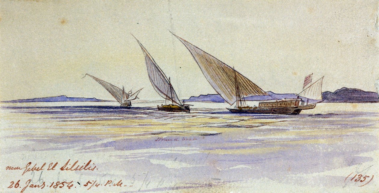 Drie traditionele Egyptische transportschepen, varend op de Nijl, nabij Gebel el-Silsila of Gebel Silsileh (Egypte) door Edward Lear