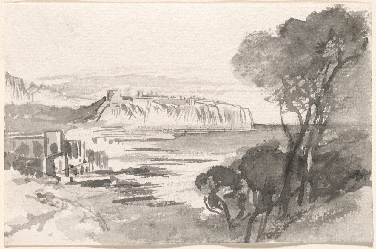 Uitzicht over een baai (Monaco) door Edward Lear