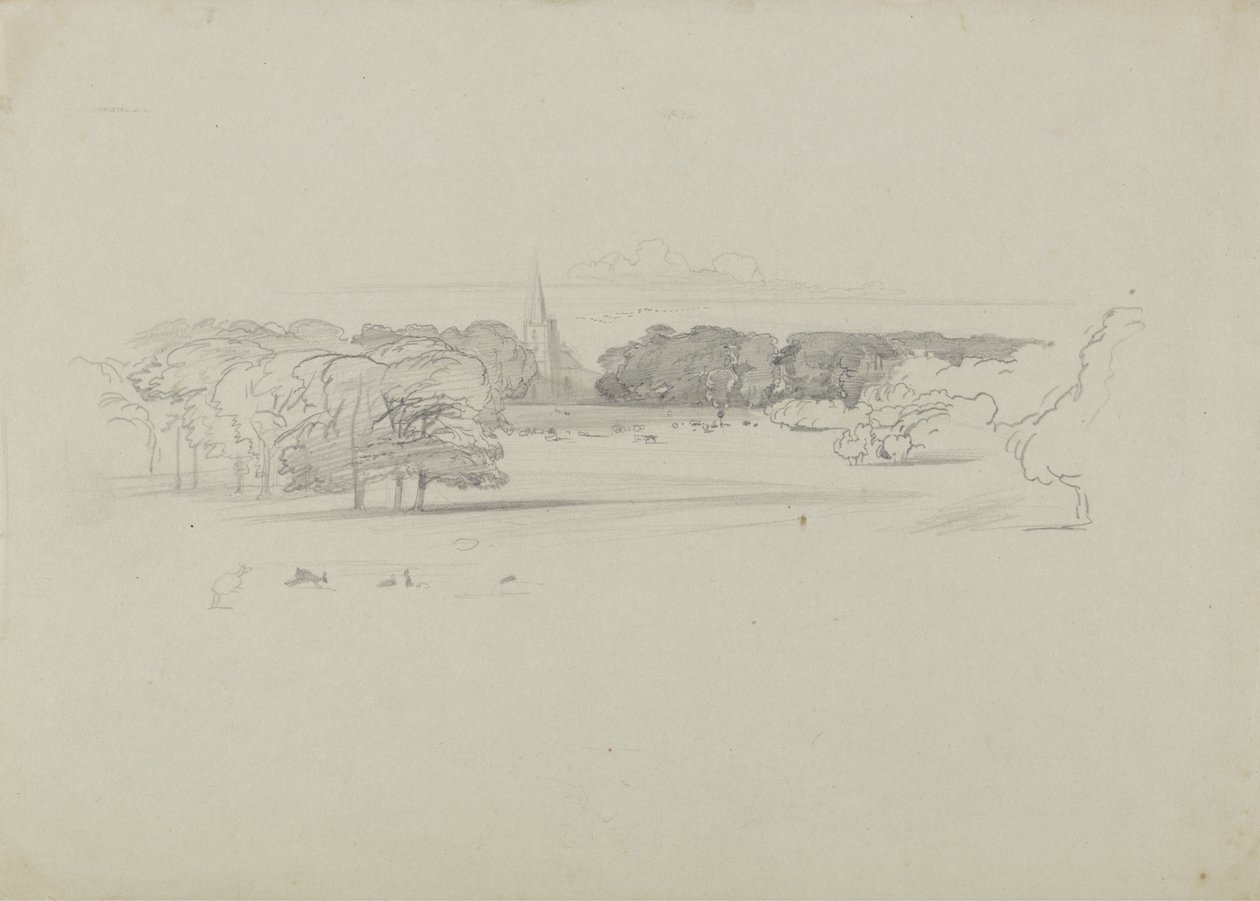 Uitzicht over een weide naar een kerk, 1834 door Edward Lear