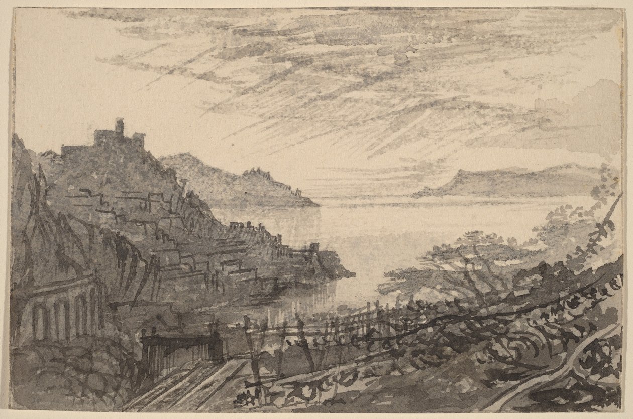 Uitzicht op een baai vanaf een heuvel (Amalfi) door Edward Lear