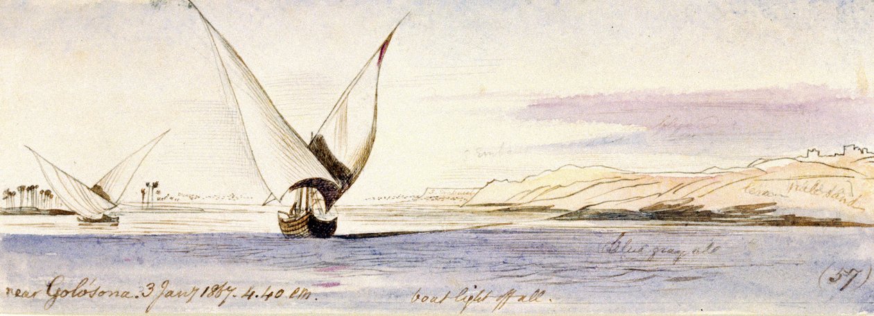 Uitzicht op de Nijl bij Golosona (Egypte), met een traditionele Egyptische boot die vaart door Edward Lear