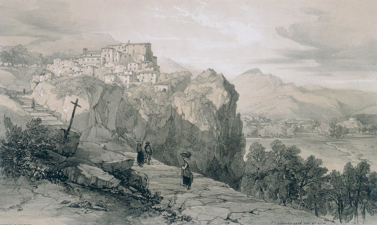 Gezichten in Rome en omgeving: Rocca Giovane en in de verte de steden Licenza en Civitella di Licenza door Edward Lear