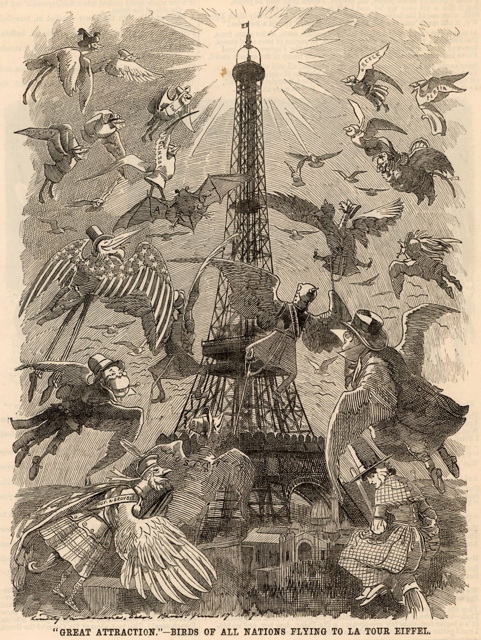 Vogels van alle naties vliegen naar de Eiffeltoren door Edward Linley Sambourne