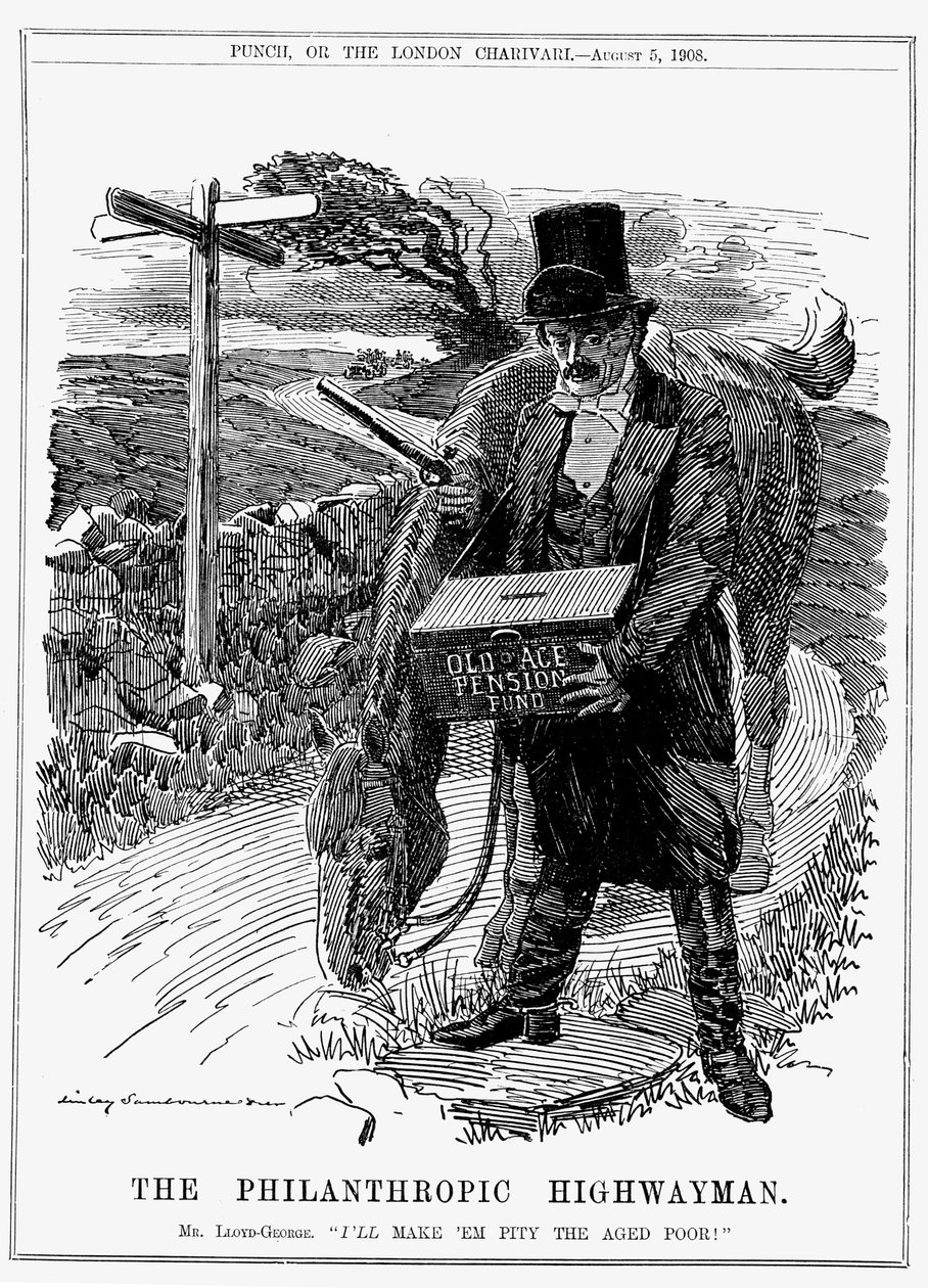 David Lloyd George (1863-1945) Welsh-geboren Britse liberale staatsman. In 1908, als minister van Financiën, introduceerde Lloyd George zijn Old Age Pensions Act. Cartoon door Edward Linley Sambourne uit Punch, Londen, augustus 1908. door Edward Linley Sambourne