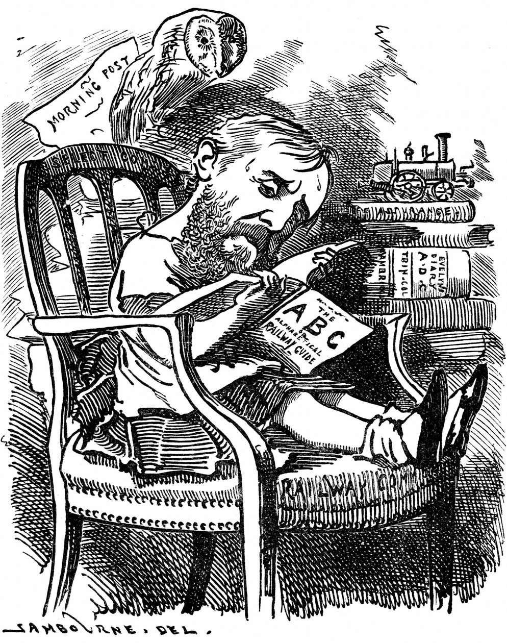 Evelyn Ashley (1836-1907) Engels auteur en liberaal politicus: zoon van de 7e Graaf van Shaftesbury. Cartoon door Edward Linley Sambourne in de Fancy Portraits-serie uit Punch Londen april 1881 toen Ashley ondersecretaris was bij de Board of Trade. door Edward Linley Sambourne