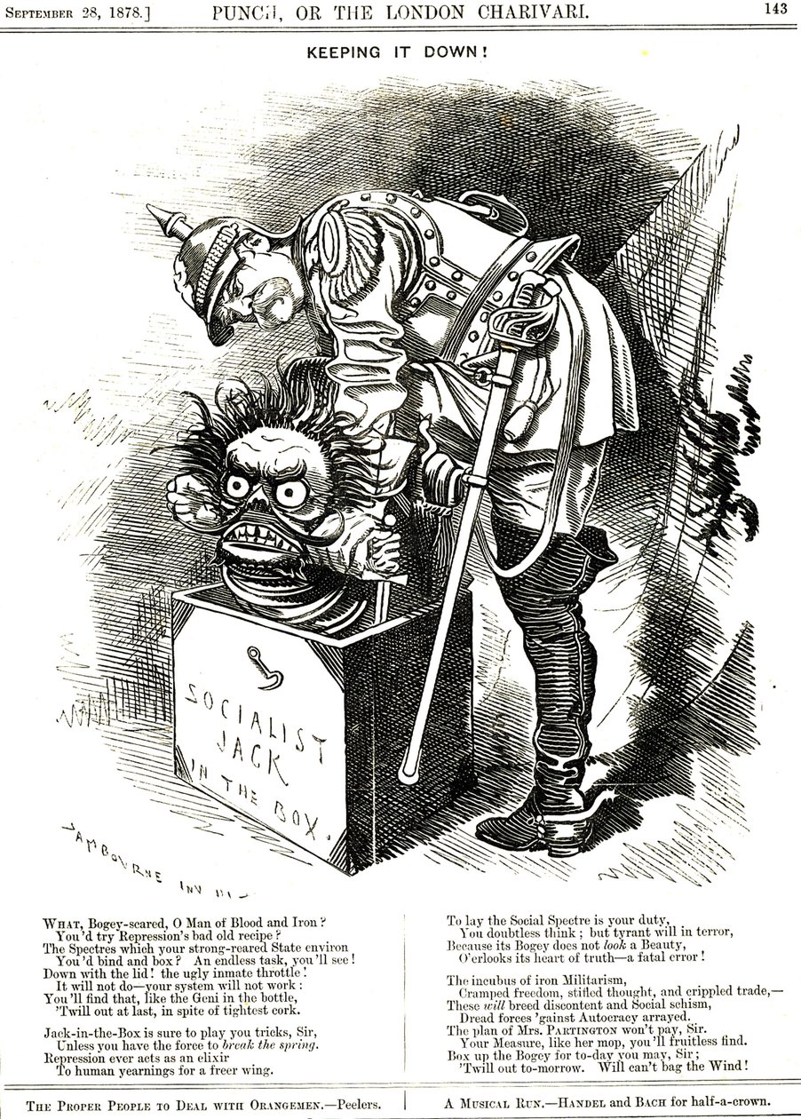 Het onderdrukken. Otto von Bismarck (1815-1898) Duitsland Kanselier, probeert de Jack van het socialisme terug in zijn doos te dwingen. Het onderschrift vertelt hem dat elke daad van repressie werkt als een elixer voor de menselijke wens naar meer vrijheid door Edward Linley Sambourne