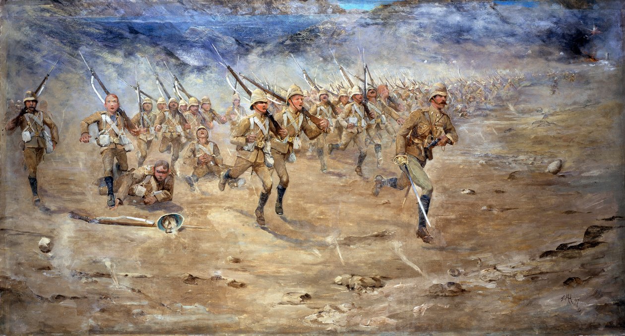Terugkeer van de Voor- en Achterhoede, Gloucestershire Regiment oprukkend naar de aanval, India Noordwestelijke Grens, 1897 door Edward Matthew Hale