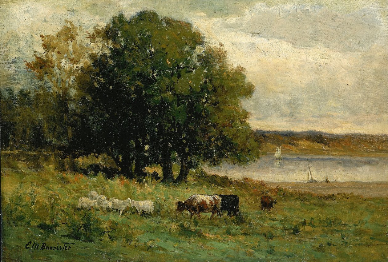 Zonder titel (vee bij rivier met zeilboot in de verte) door Edward Mitchell Bannister