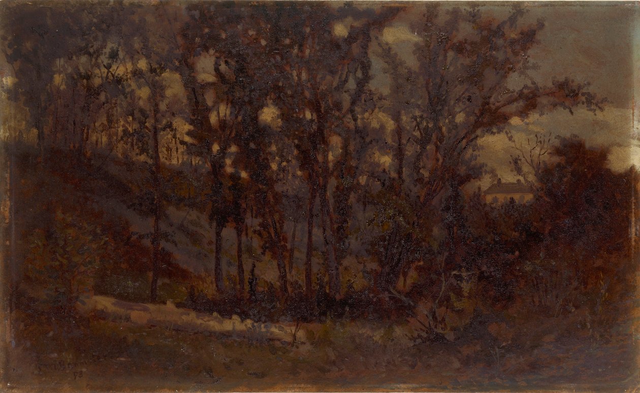 Zonder titel (bosgezicht, omgevallen boom op de voorgrond en huis op de achtergrond) door Edward Mitchell Bannister