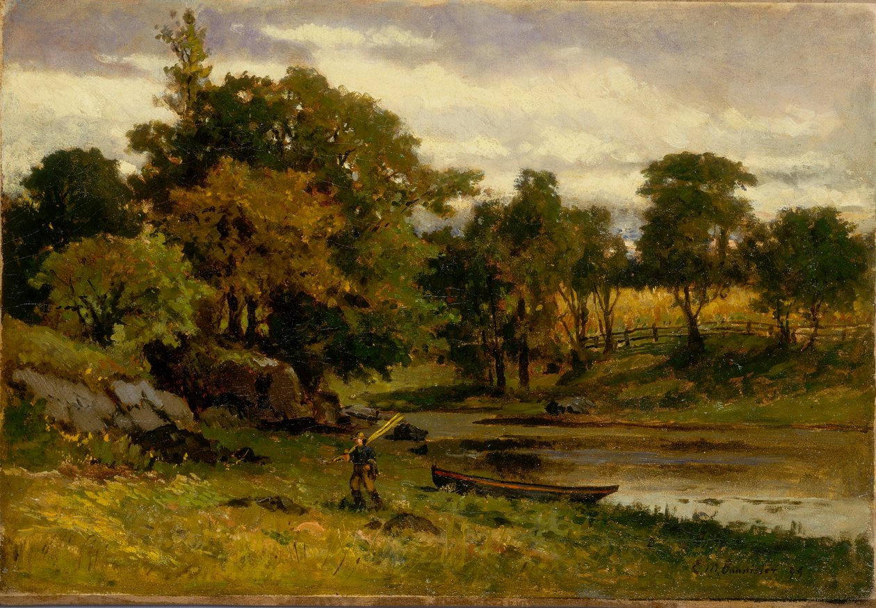 Zonder titel (landschap, boot aangemeerd bij beek, man loopt op voorgrond) door Edward Mitchell Bannister