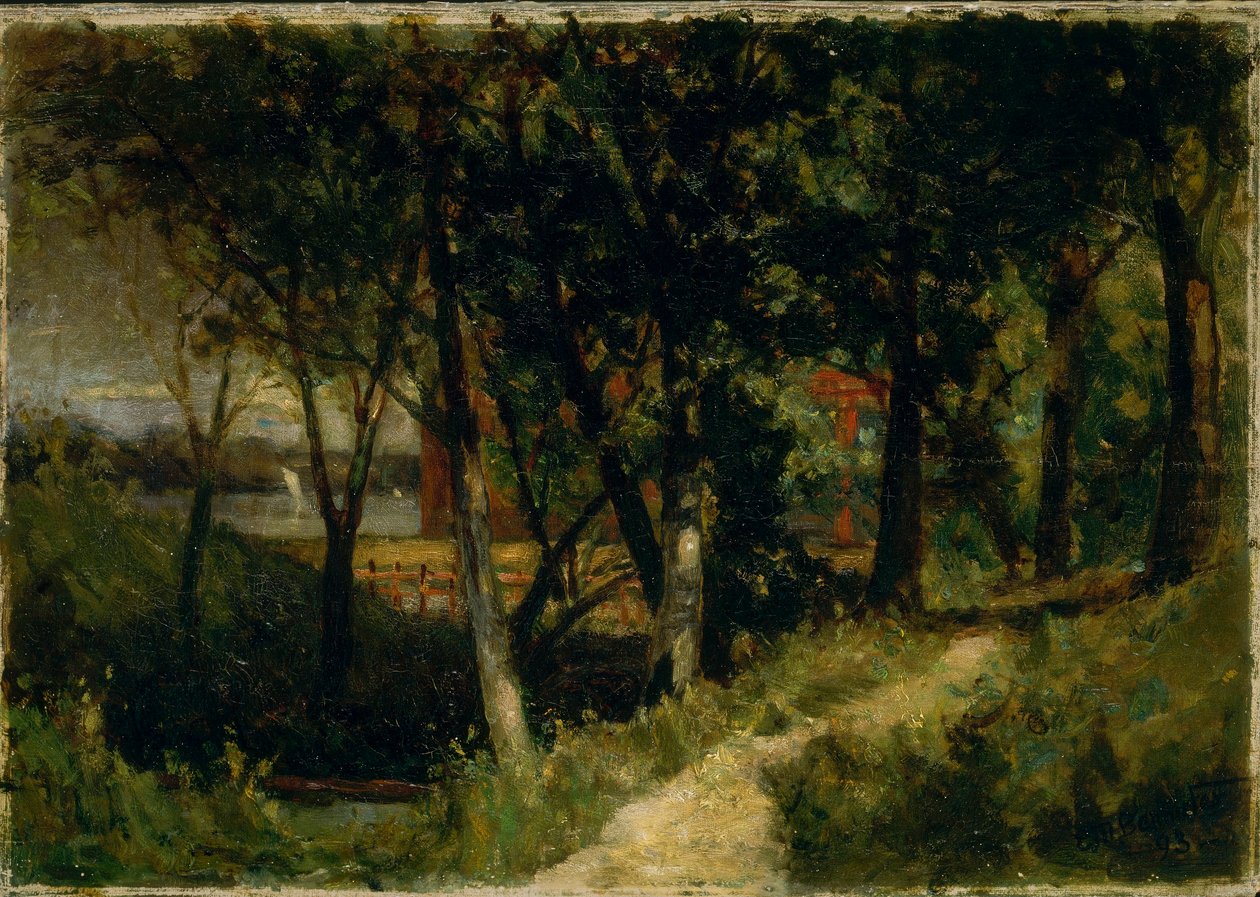 Zonder titel (landschap, bosgezicht met rood hek en gebouw) door Edward Mitchell Bannister