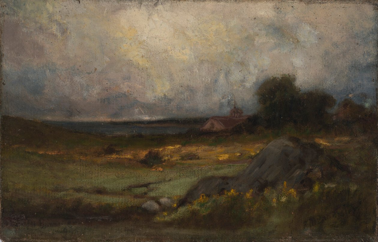 Zonder titel (landschap met rots op voorgrond en dak met torenspits, meer op achtergrond) door Edward Mitchell Bannister