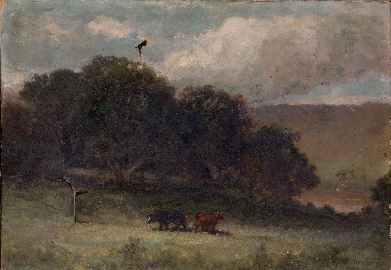 Zonder titel (landschap met bomen en twee koeien in de wei) door Edward Mitchell Bannister