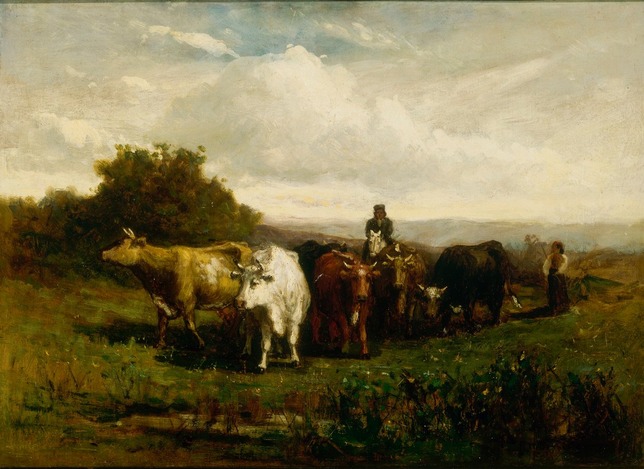 Zonder titel (man te paard, vrouw te voet die vee drijft) door Edward Mitchell Bannister