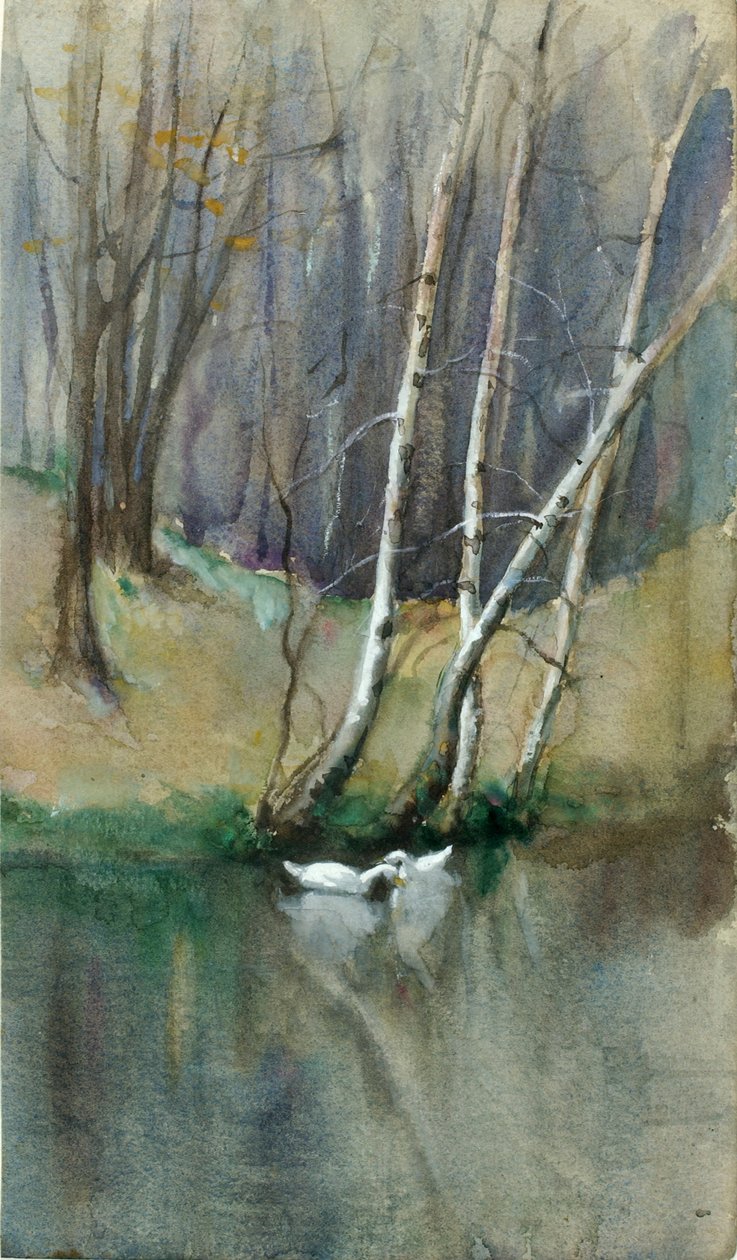 Ongetiteld boslandschap met berkenbomen en eenden, n.d. door Edward Mitchell Bannister