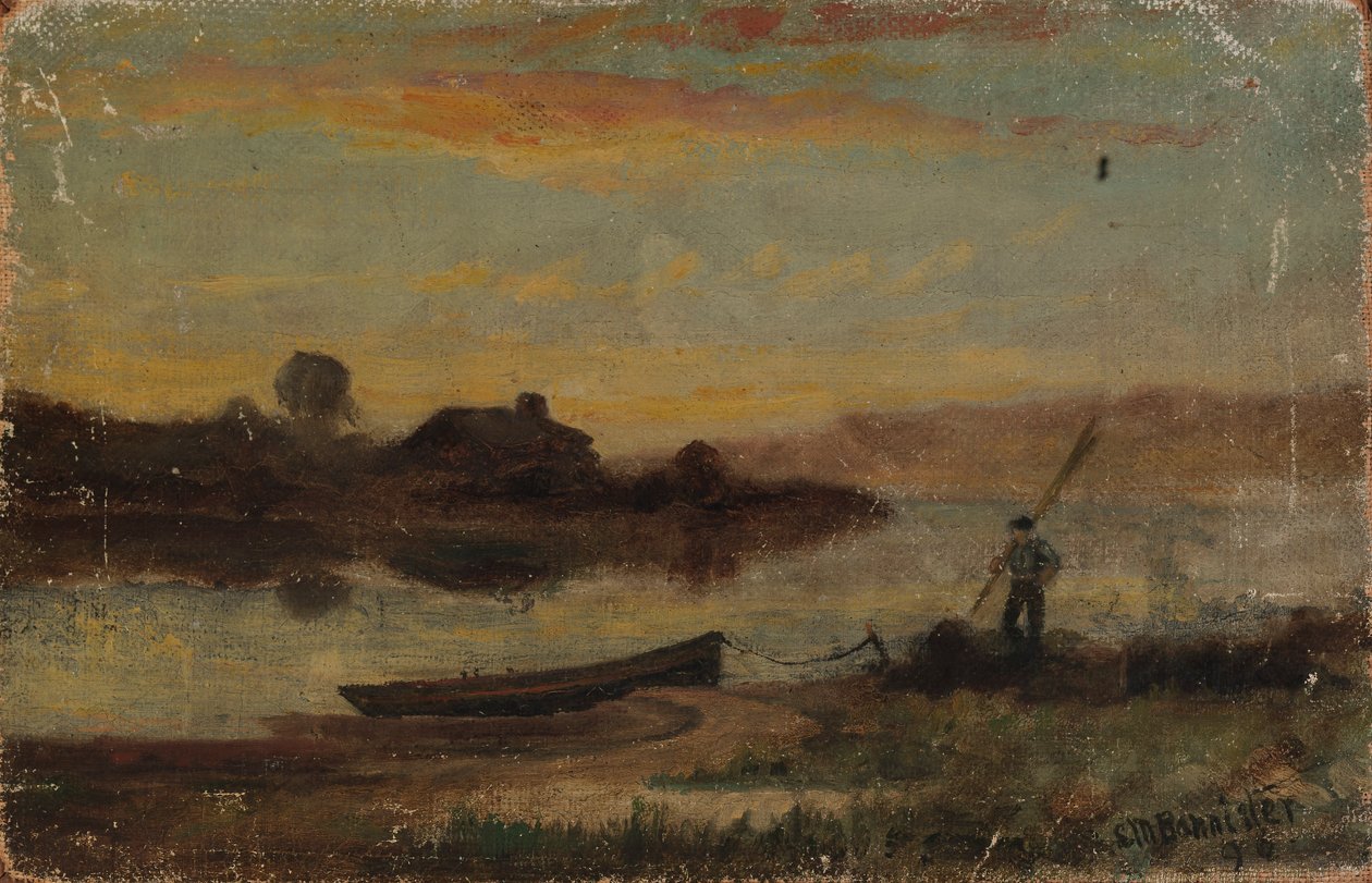 Naamloos landschap, boot aangemeerd bij oever met wandelende man door Edward Mitchell Bannister