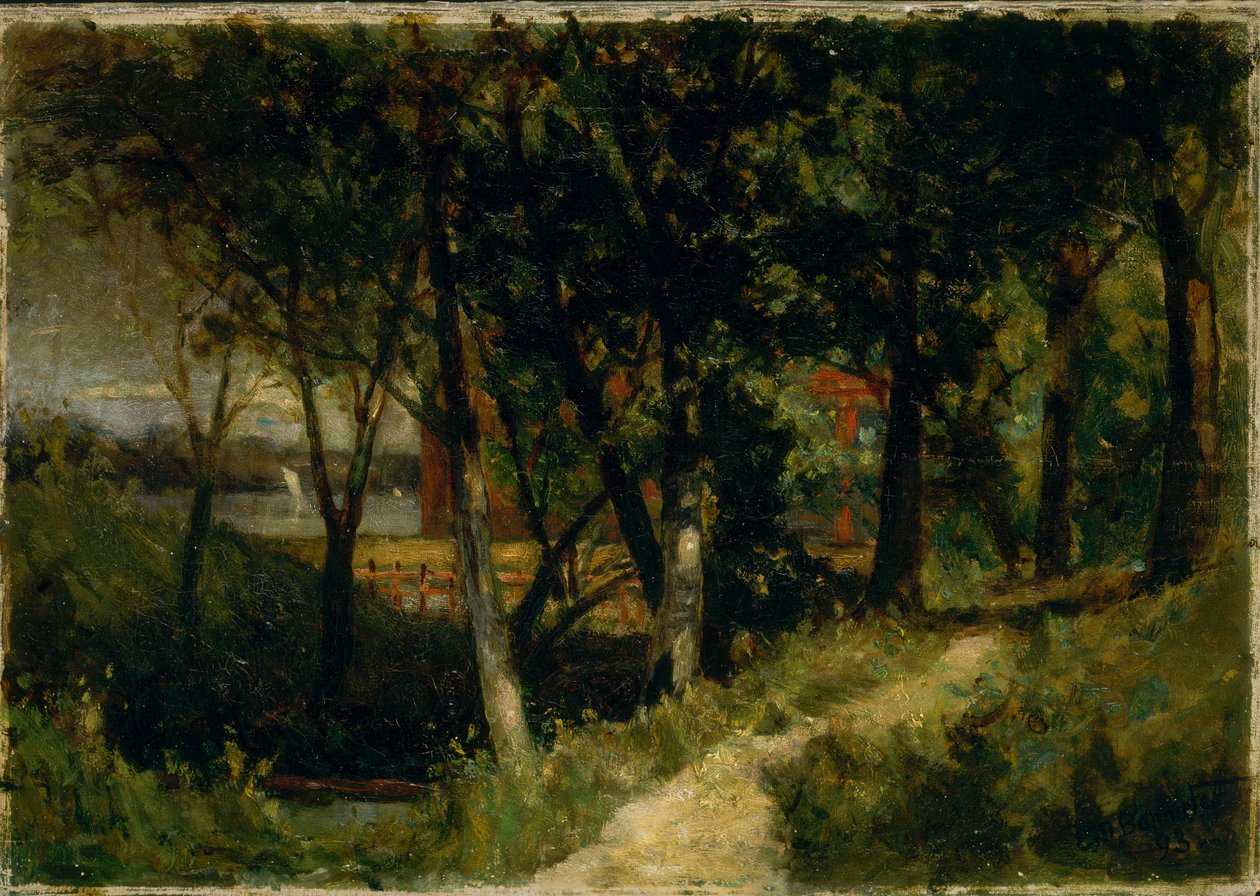 Naamloos landschap, bosscène met rode hek en gebouw door Edward Mitchell Bannister