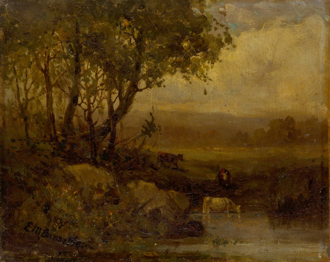 Naamloos landschap, rivierbank, drie koeien door Edward Mitchell Bannister
