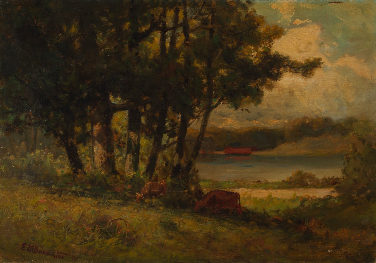 Naamloos landschap met grazende koeien bij rivier, 1891 door Edward Mitchell Bannister