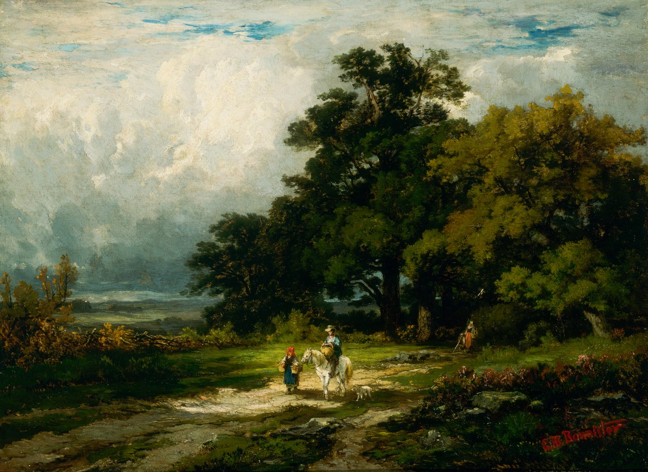 Naamloze man te paard met vrouw en hond door Edward Mitchell Bannister