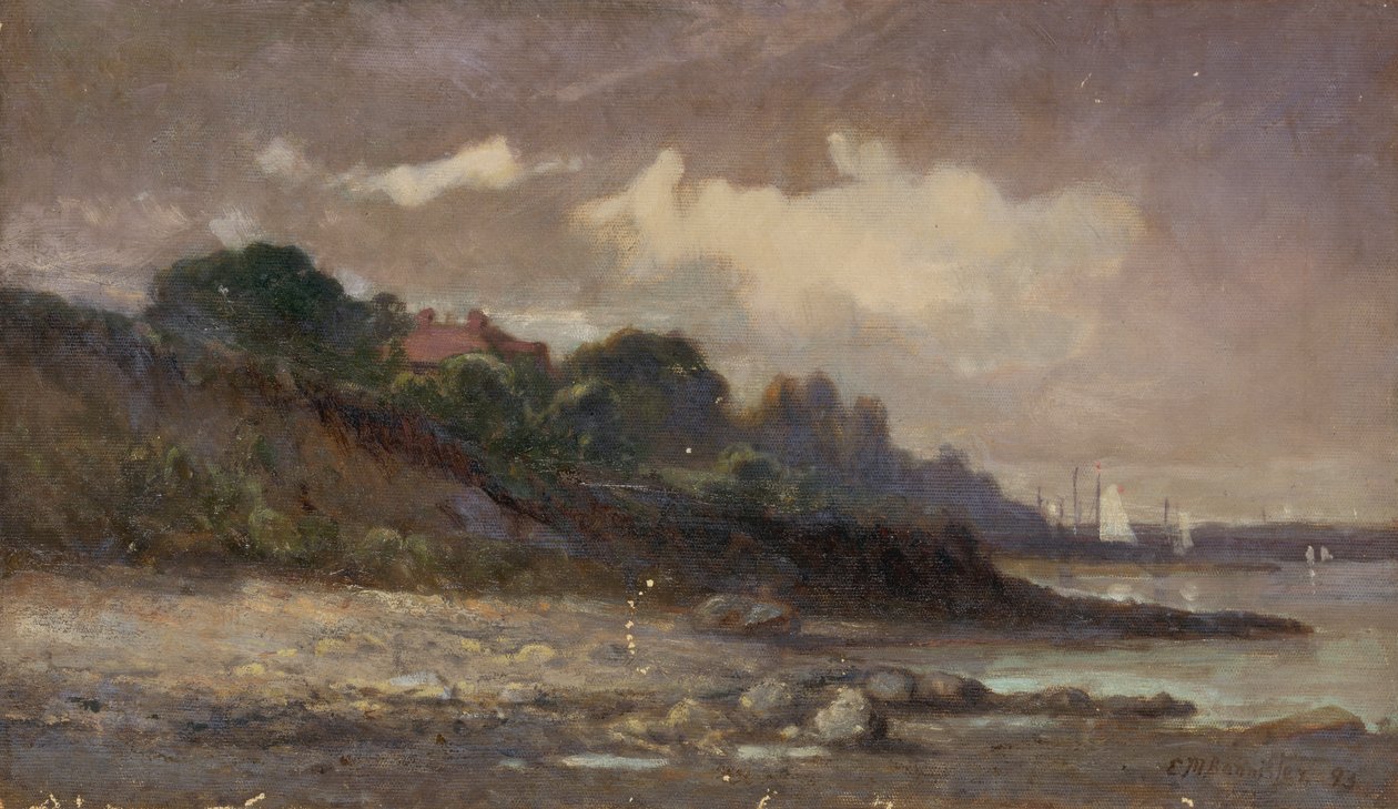 Naamloze kustlijn met zeilboten en dak door Edward Mitchell Bannister