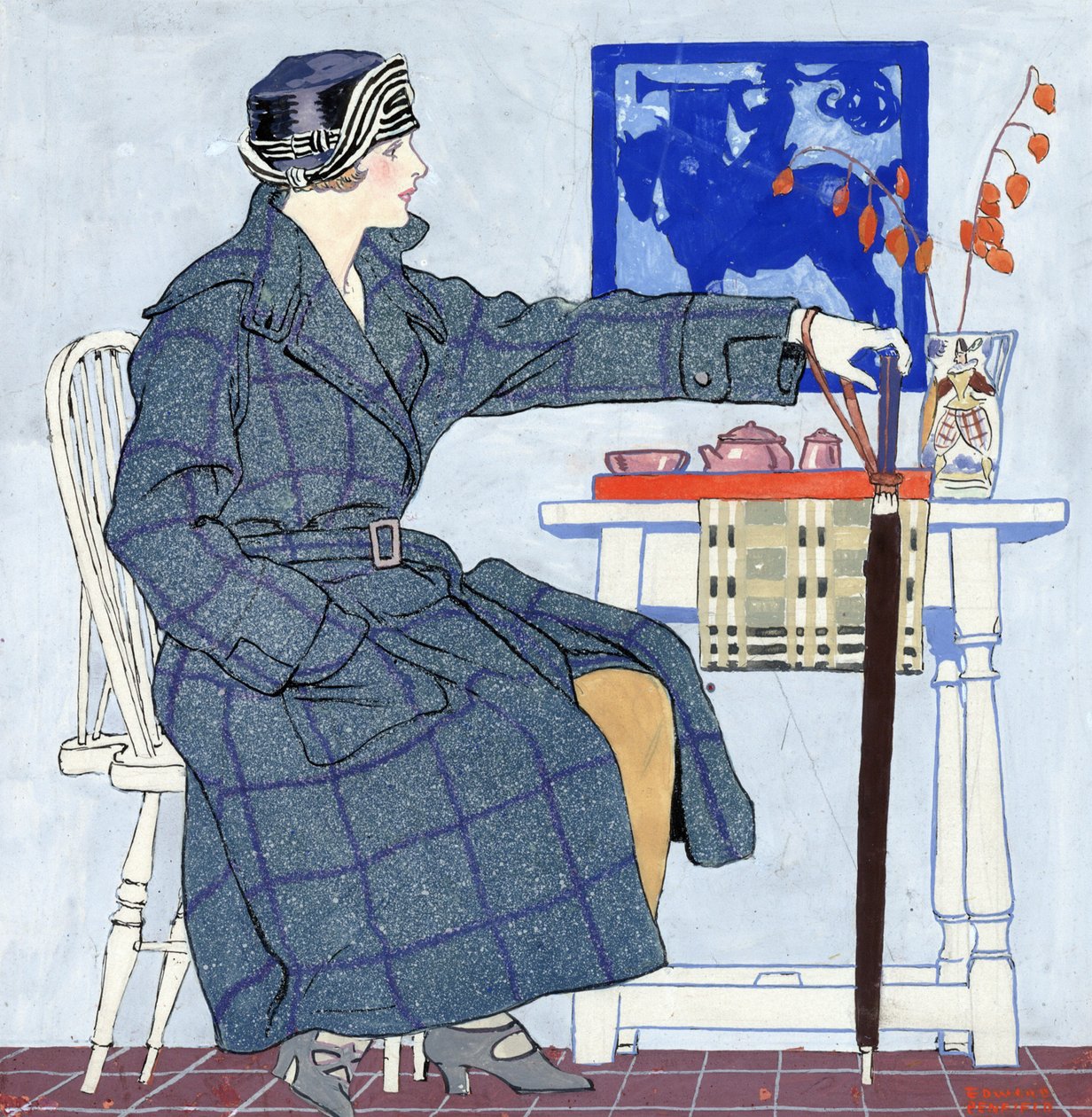 Een jonge vrouw die naast een tafel zit met een paraplu door Edward Penfield