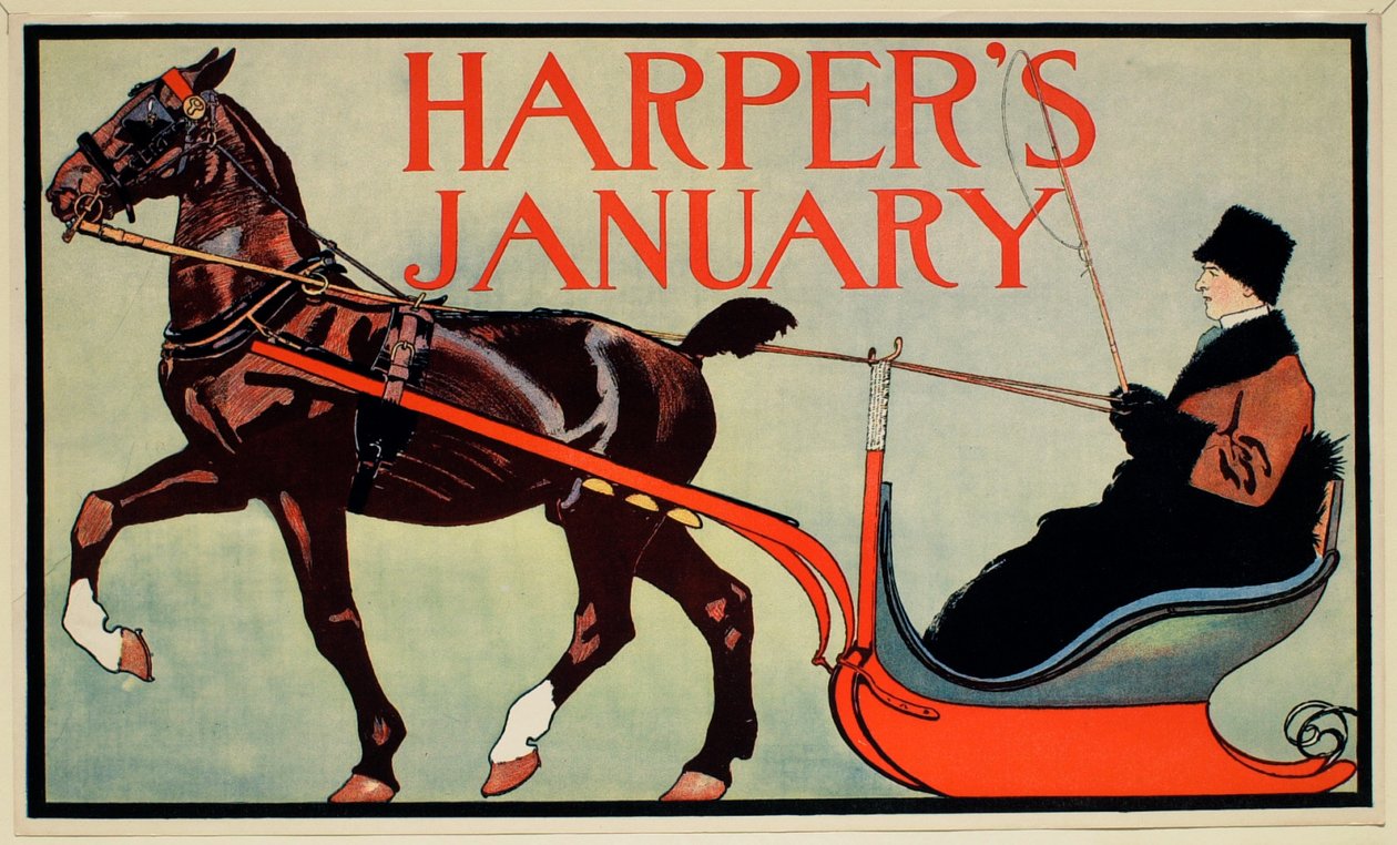 Man in een door paarden getrokken slee, januari, Harper