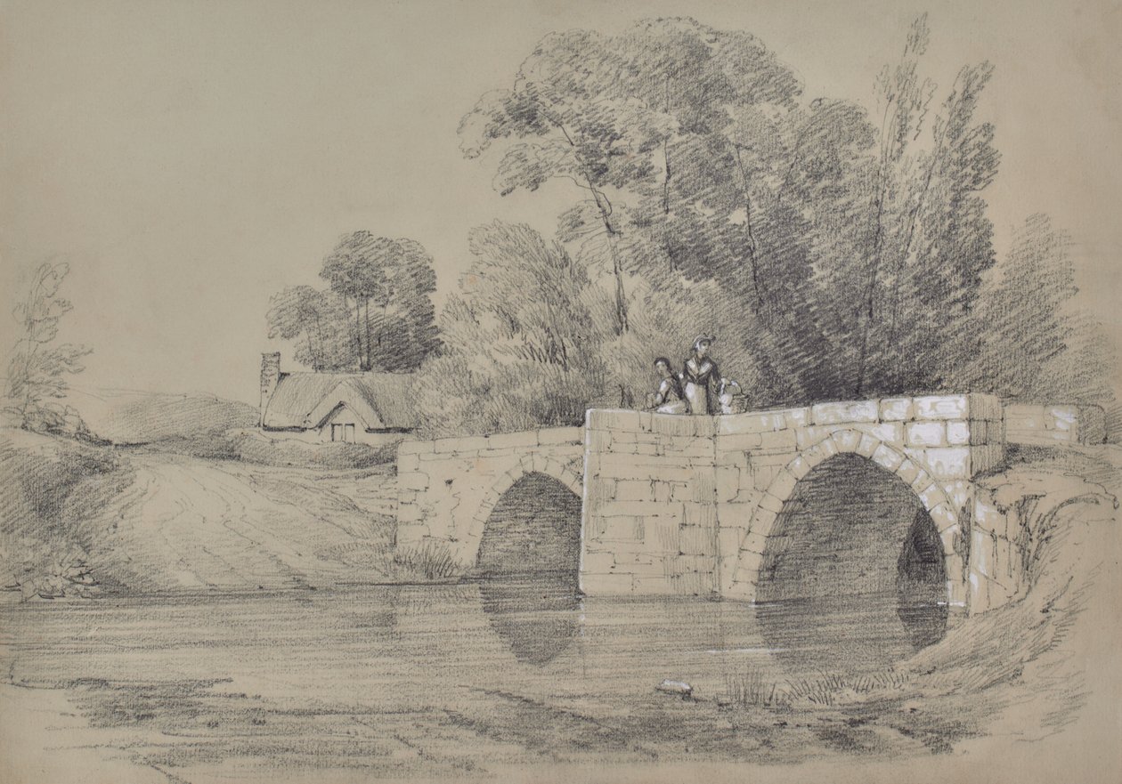Landschap met brug en figuren door Edward Pretty