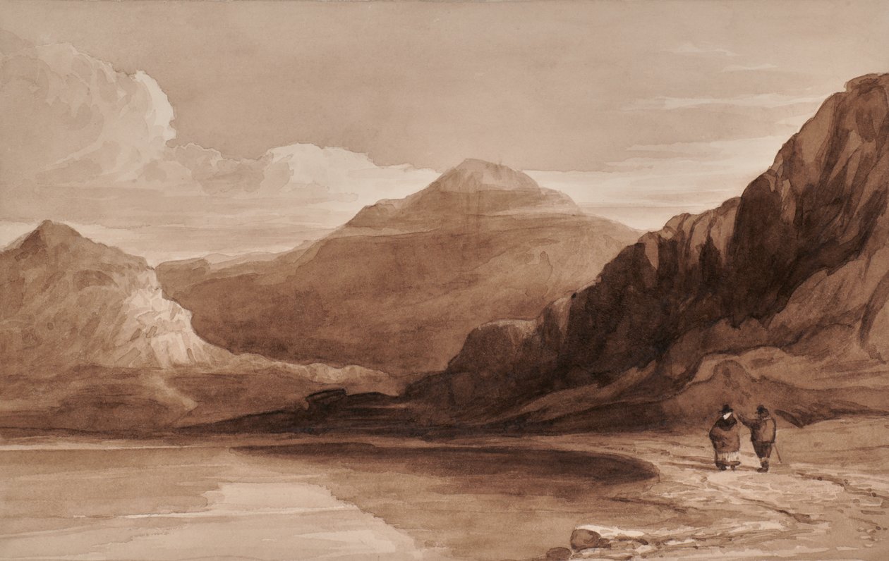 Landschap met figuren en berg door Edward Pretty
